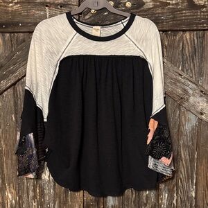 We The Free Black and White Blouse with Floral Sleeves